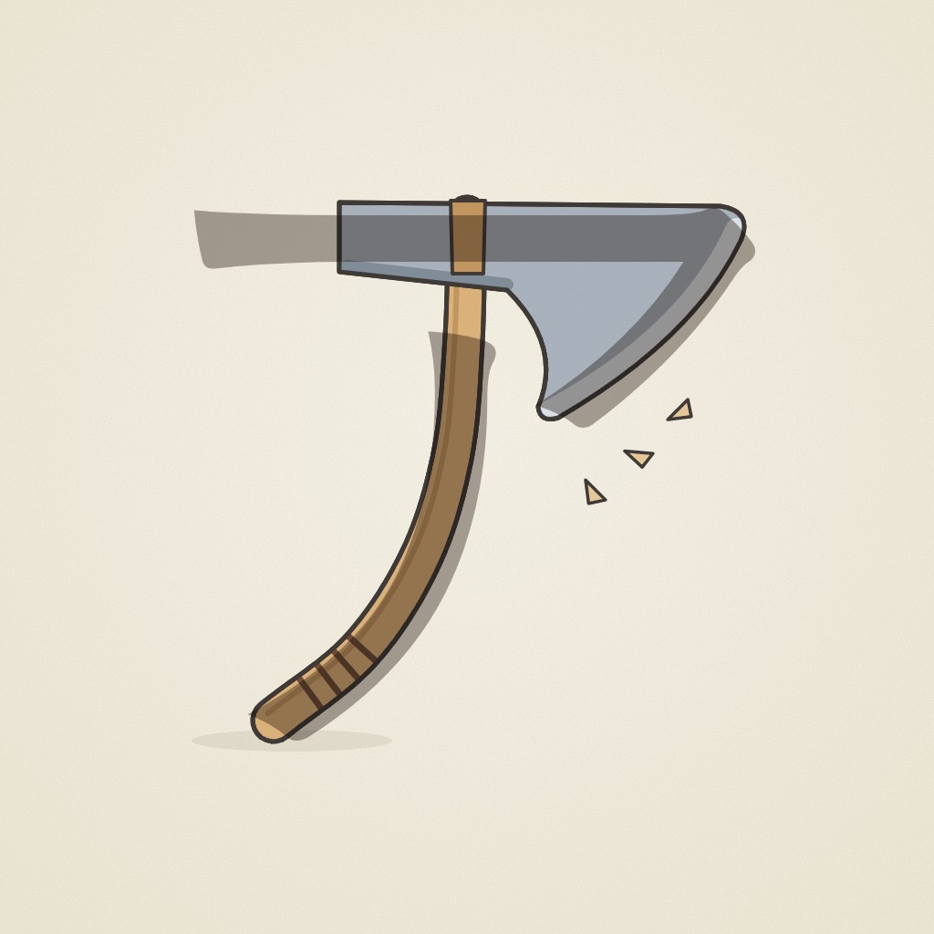 A woodcutter's axe seen from the side: the steel head lies along the top bar, its sharp blade turning down at the right end, and the long wooden handle curves down to the lower left.