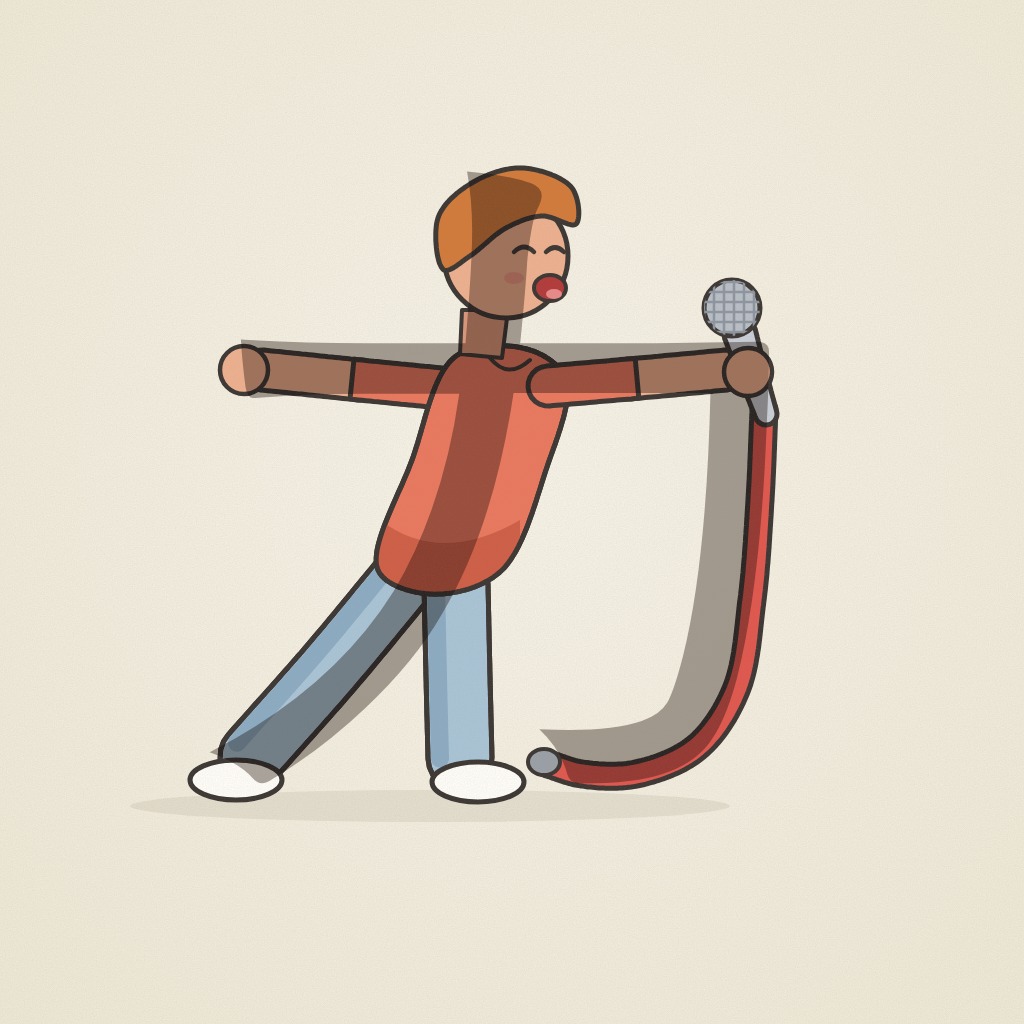 The か karaoke singer: leaning forward, arms stretched out wide, the microphone cable dropping in a hook to the floor.